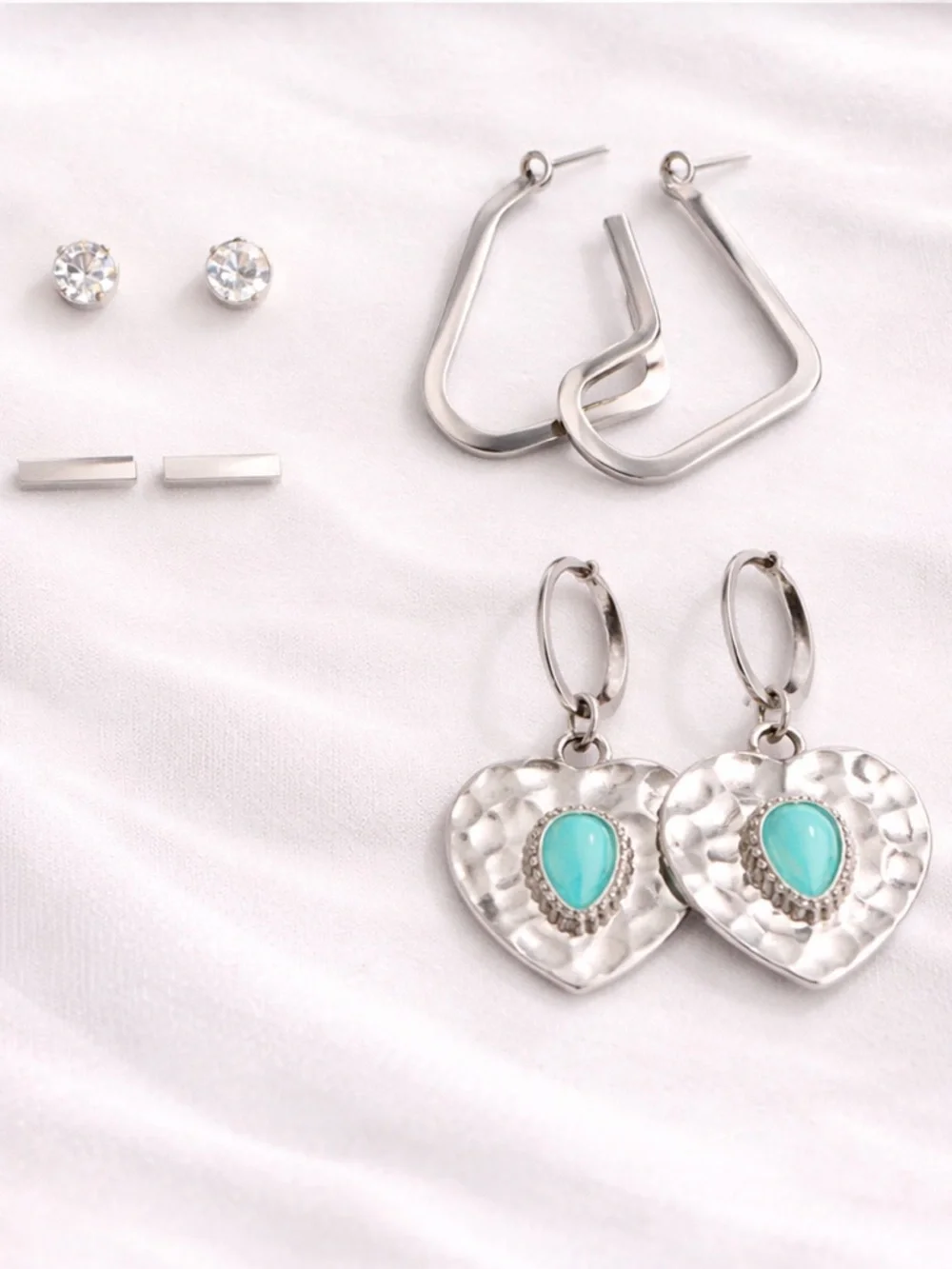 Silver Earring Set 4 Pairs Studs Hoops Heart Turquoise Statement Earrings NWT - Picture 2 of 2
